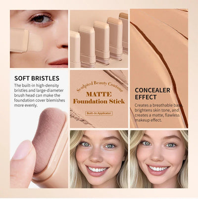 Skin Tint Foundation Stick with Brush Multi Use Matte Waterproof Long Lasting Oil Control Thin Coverage for Blemishes Concealer
